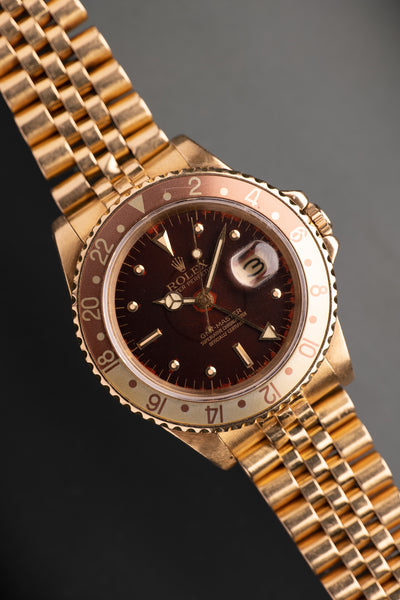 1980 Rolex 16758 gold rootbeer GMT w/ Box.