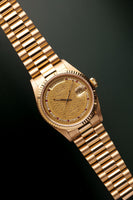 1985 Rolex 18038 Day-Date Yellow Gold Ruby + Diamond String Dial - Unpolished -  Box and Papers
