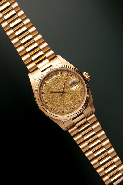 1985 Rolex 18038 Day-Date Yellow Gold Ruby + Diamond String Dial - Unpolished -  Box and Papers