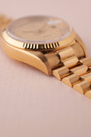 1985 Rolex 18038 Day-Date Yellow Gold Ruby + Diamond String Dial - Unpolished -  Box and Papers