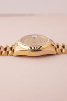 1985 Rolex 18038 Day-Date Yellow Gold Ruby + Diamond String Dial - Unpolished -  Box and Papers