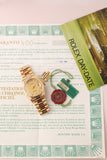 1985 Rolex 18038 Day-Date Yellow Gold Ruby + Diamond String Dial - Unpolished -  Box and Papers