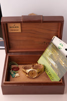 1985 Rolex 18038 Day-Date Yellow Gold Ruby + Diamond String Dial - Unpolished -  Box and Papers