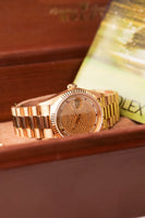 1985 Rolex 18038 Day-Date Yellow Gold Ruby + Diamond String Dial - Unpolished -  Box and Papers